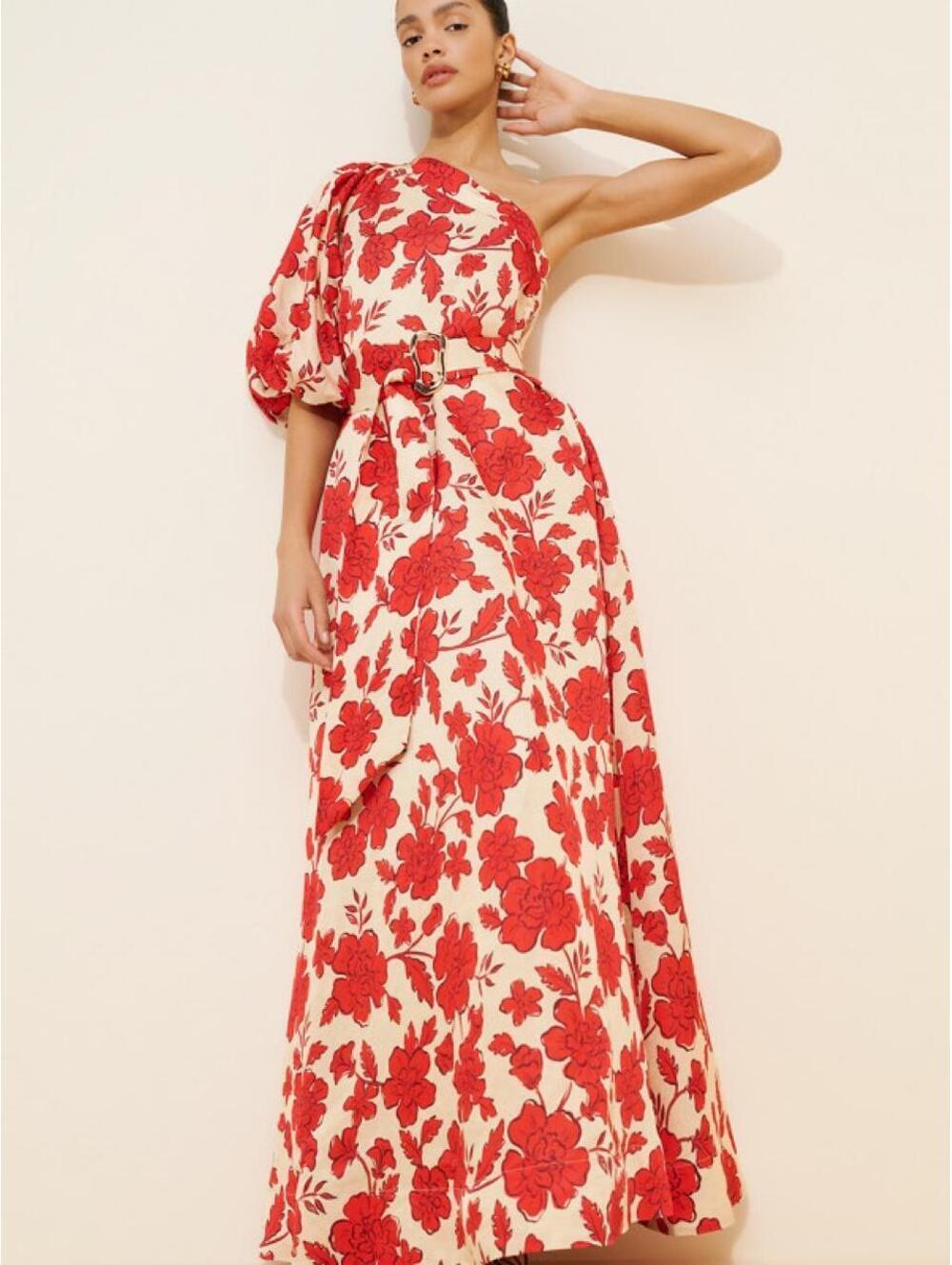 HANSEN & GRETEL Carmen Linen Blend One Shoulder Floral Maxi Gown Dress